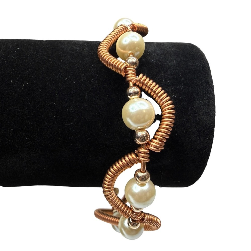 Handcrafted Copper Wire Wrapped Bracelet Faux Pearl & Bead Adjustable Artisan